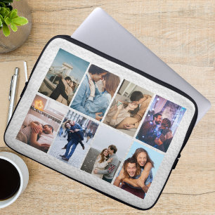 Personalised 8 Photo Collage Modern white Leather  Laptop Sleeve