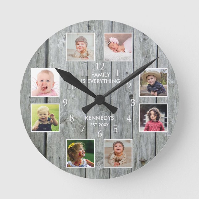 Personalised 8 Photo Collage Rustic Grey Wood   Round Clock (Front)