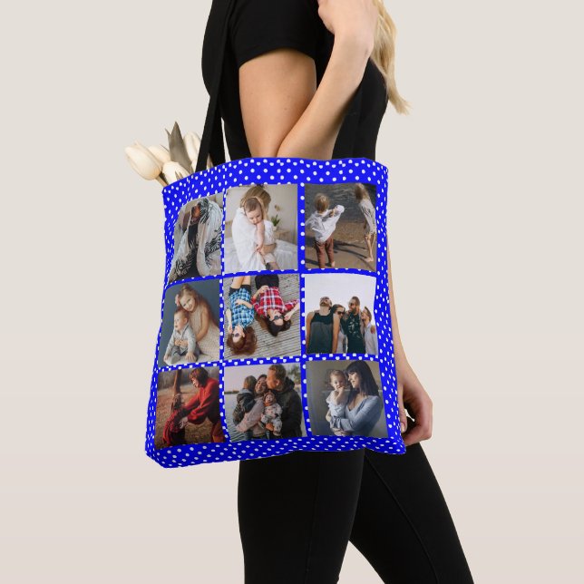 Personalised 8 Photo Collage Template blue  Tote Bag (Close Up)