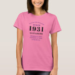 Personalised 90th Birthday 1931 Elegant Chic Pink T-Shirt<br><div class="desc">90th birthday black and pink t-shirt. Easily customise the text of this born in 1931 "Standards" shirt using the template provided. Part of the setting standards range cards and gifts..</div>