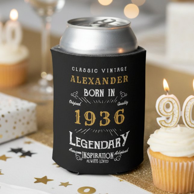 Personalised 90th Birthday 1936 Vintage Legendary Can Cooler (90th birthday can cooler on a party table.)