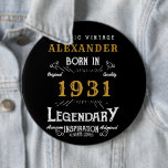 Personalised 90th Birthday Born 1931 Vintage Black 6 Cm Round Badge<br><div class="desc">A personalised huge button / pin badge for that birthday person born in 1931 and turning 90. Add the name to this vintage retro style black, white and gold design for a custom 90th birthday gift. Easily edit the name and year with the template provided. A wonderful custom black birthday...</div>