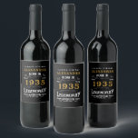 Personalised 90th Birthday Born 1935 Vintage Black Wine Label<br><div class="desc">A personalised classic wine bottle label design for that birthday celebration for somebody born in 1935 and turning 90. Add the name to this vintage retro style black, white and gold design for a custom 90th birthday gift. Easily edit the name and year with the template provided. A wonderful custom...</div>