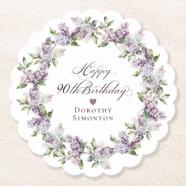 Personalised 90th Birthday Purple Lilac Flower Paper Coaster (Front)
