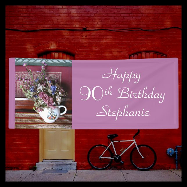 Personalised 90th Birthday Vintage Teapot Purple Banner (Creator Uploaded)