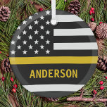 Personalised 911 Dispatcher Thin Gold Line USAFlag Glass Tree Decoration<br><div class="desc">Thin Gold Line Ornament for 911 dispatchers and police dispatchers. Personalise this dispatcher ornament with name and year. This personalised dispatcher gift is perfect for police dispatcher appreciation, 911 dispatcher thank you gifts, and dispatcher retirement gifts or party favours. Order these dispatchers christmas ornaments bulk wholesale for the police department...</div>