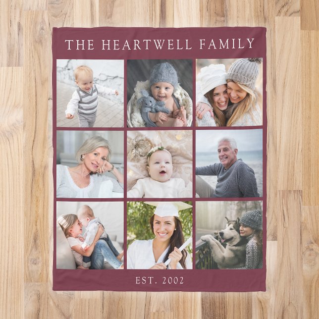 Personalised 9 Photo Collage Family Burgundy Red Fleece Blanket (Creator Uploaded)