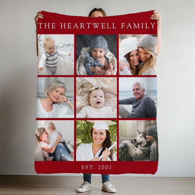 Personalised 9 Photo Collage Family Cranberry Red Fleece Blanket (Creator Uploaded)