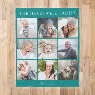 Personalised 9 Photo Collage Family Teal Blue Fleece Blanket