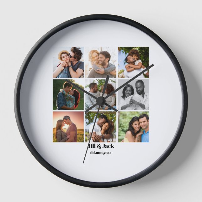 Personalised 9 Photo Collage Template for Couples Clock (Front)