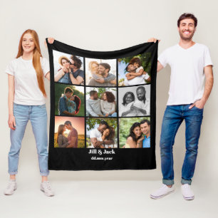 Personalised 9 Photo Collage Template for Couples Fleece Blanket