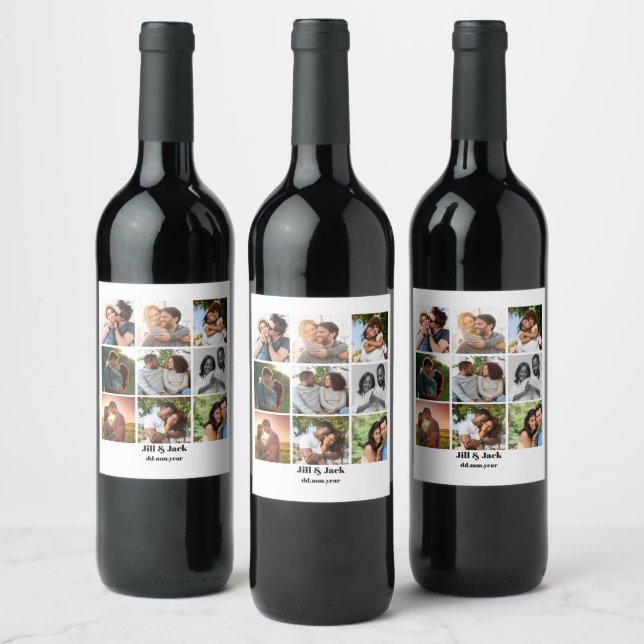 Personalised 9 Photo Collage Template for Couples Wine Label (Bottles)