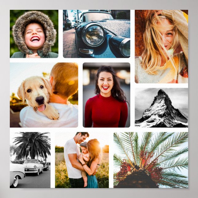 Personalised 9 Photo Collage Template Framed White Poster (Front)