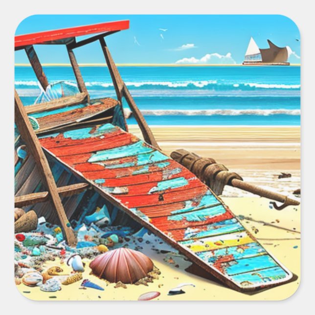 Personalised Abandoned Beach  Lifeguard Chair Square Sticker (Front)