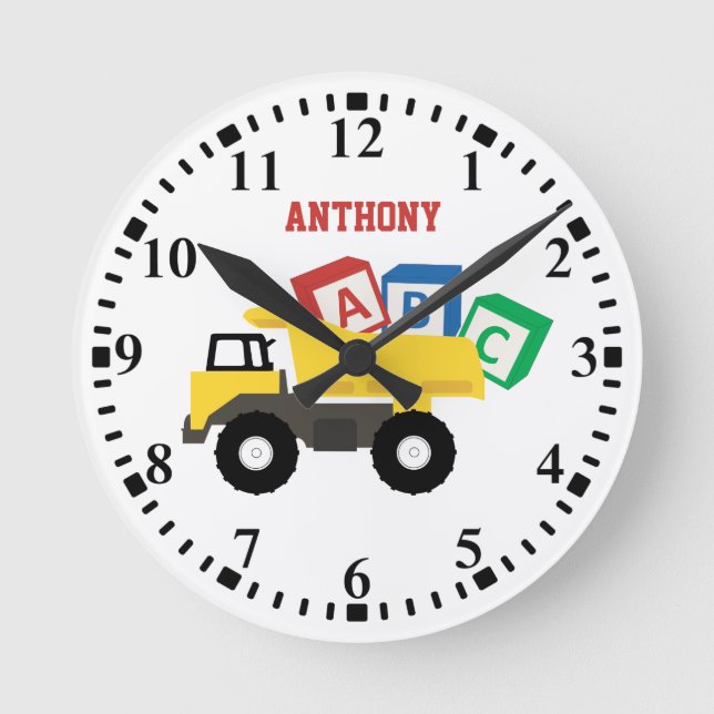 Personalised ABC Dump Truck Construction Trucks Round Clock (Front)