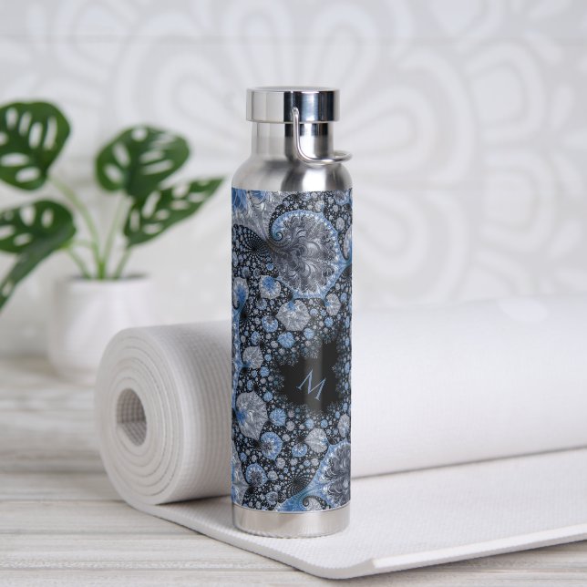 Personalised Abstract Black Blue Fractal Water Bottle (Yoga)