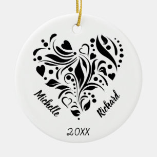 Personalised Abstract Black & White Heart Design Ceramic Tree Decoration