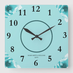 Personalised Abstract Blue & White Florals Square Wall Clock