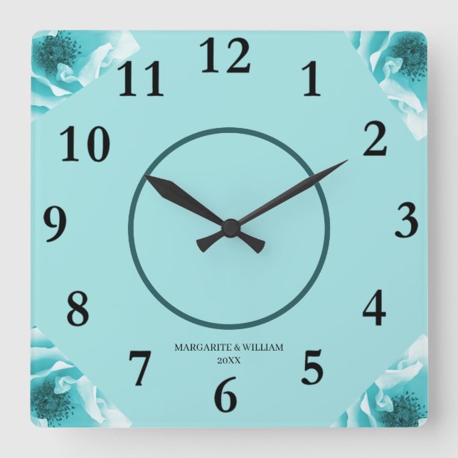 Personalised Abstract Blue & White Florals Square Wall Clock (Front)