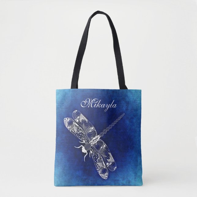 Personalised Abstract Dragonfly on Blue Tote Bag (Front)