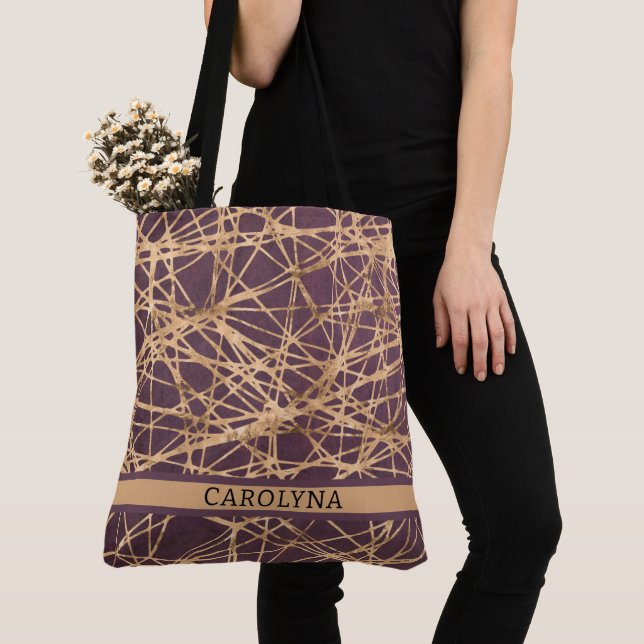Personalised Abstract Faux Gold Threads on Maroon Tote Bag (Close Up)