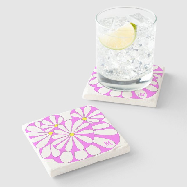 Personalised Abstract Floral Design in Pink | Stone Coaster (Side)