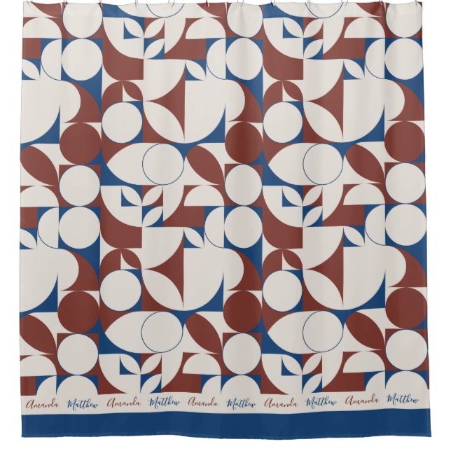 Personalised Abstract Maroon Navy Circle Design Shower Curtain (Front)