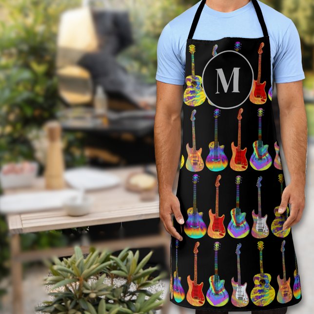Personalised Acoustic Electric Guitars Monogram Apron (Modern Personalized colorful guitar art monogram apron for him psychedelic acoustic electric guitars)