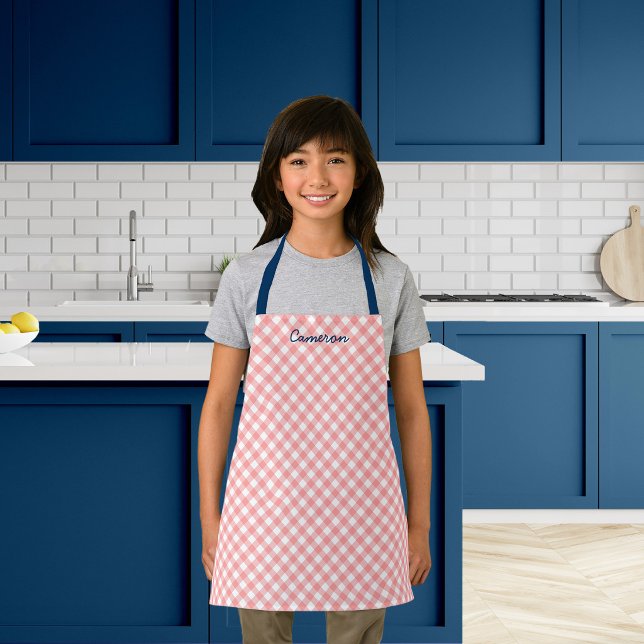 Personalised Add Name Blush Coral Gingham Kids Apron (Creator Uploaded)