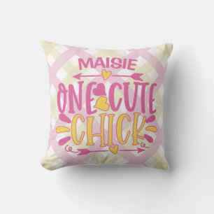 Personalised ADD NAME One Cute Chick Pink Yellow Cushion