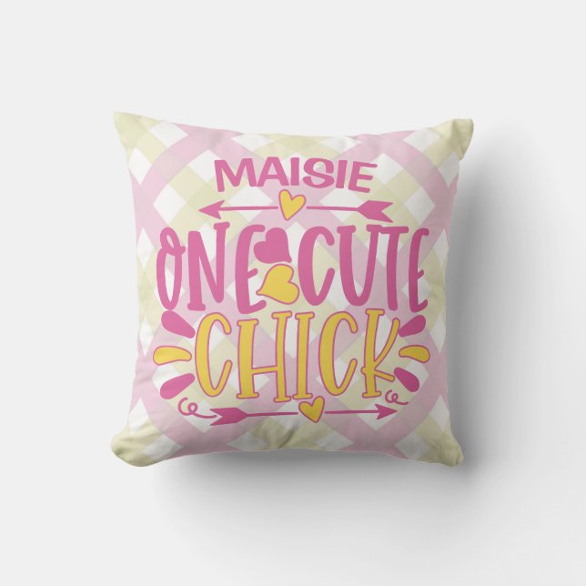 Personalised ADD NAME One Cute Chick Pink Yellow Cushion (Front)