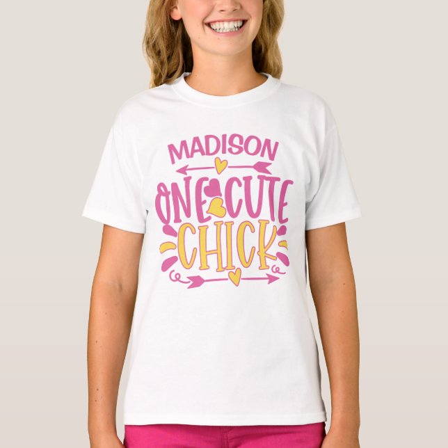Personalised ADD NAME One Cute Chick Pink Yellow T-Shirt (Front)