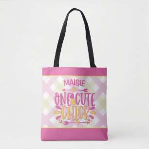 Personalised ADD NAME One Cute Chick Pink Yellow Tote Bag