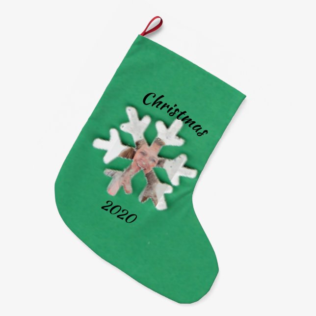Personalised Add Photo Snowflake on Green Large Christmas Stocking (Front (Hanging))