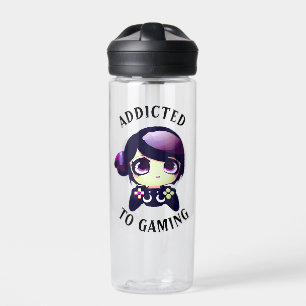 Personalised Addicted to Gaming Kawaii Girl Gamer Water Bottle