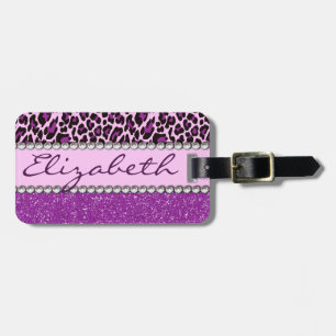 Personalised Address Purple Leopard Glitter Luggage Tag