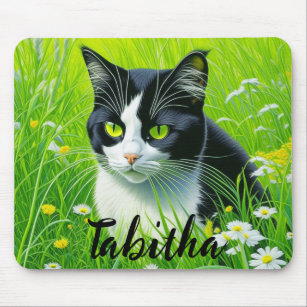 Personalised Adorable Cat in a field of Daisies  Mouse Pad