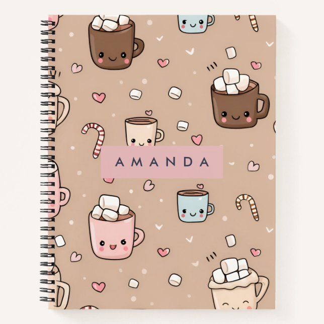 Personalised Adorable Cosy Hot Cocoa Pattern Notebook (Front)