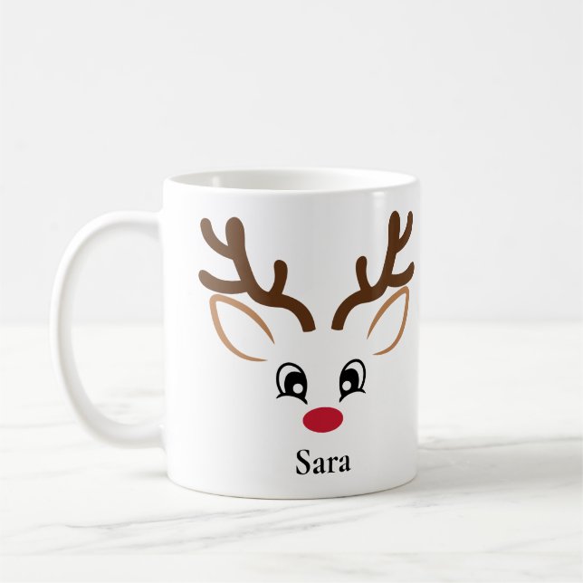 Personalised Adorable Face Reindeer Christmas Mug (Left)