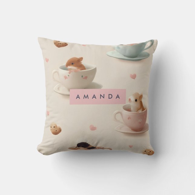 Personalised Adorable Hamster in Teacup Pattern Cushion (Front)