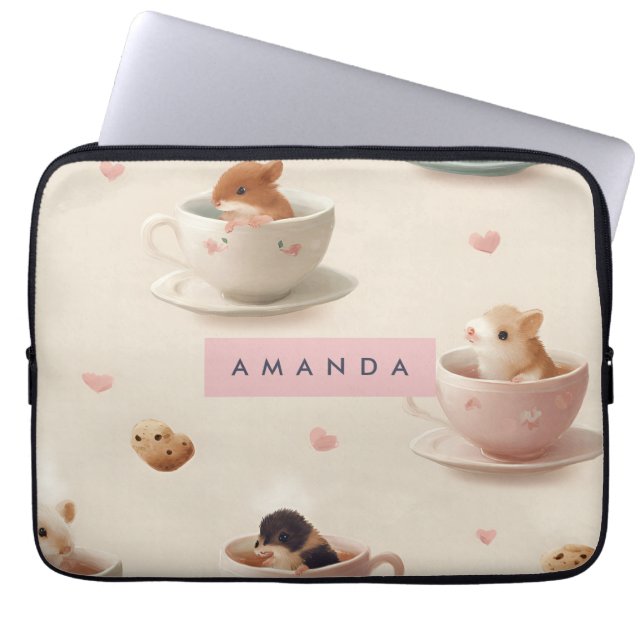 Personalised Adorable Hamster in Teacup Pattern Laptop Sleeve (Front)