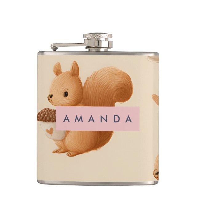 Personalised Adorable Squirrel and Acorn Pattern Hip Flask (Front)