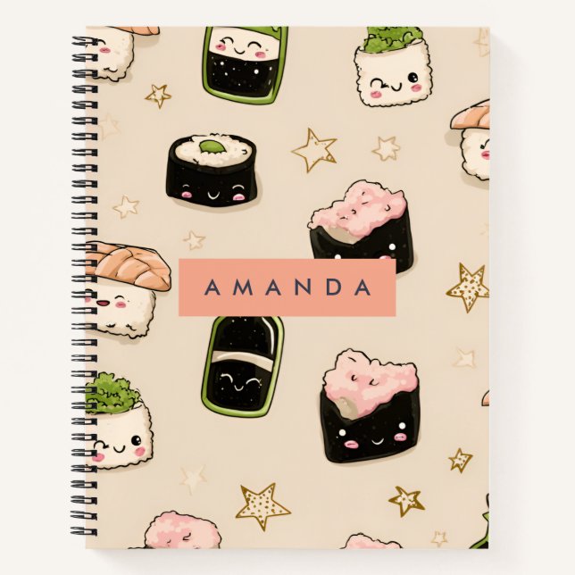 Personalised Adorable Sushi and Soy Sauce Pattern Notebook (Front)
