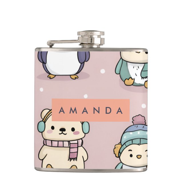 Personalised Adorable Winter Penguin Pattern Hip Flask (Front)