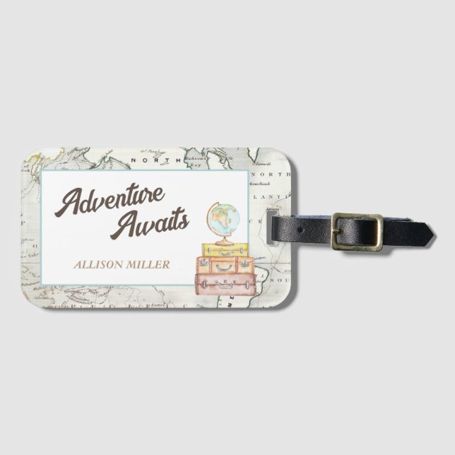 Personalised Adventure Awaits Luggage Tag (Front Horizontal)