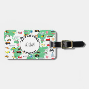 Personalised Adventure Awaits World Map Vehicles Luggage Tag