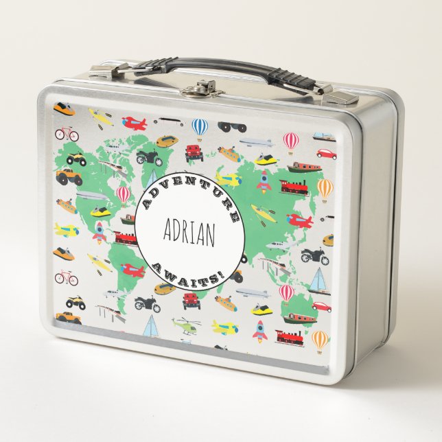 Personalised Adventure Awaits World Map Vehicles Metal Lunch Box (Front)