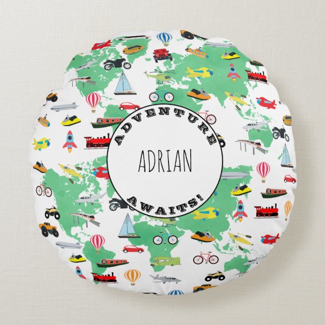Personalised Adventure Awaits World Map Vehicles Round Cushion (Front)