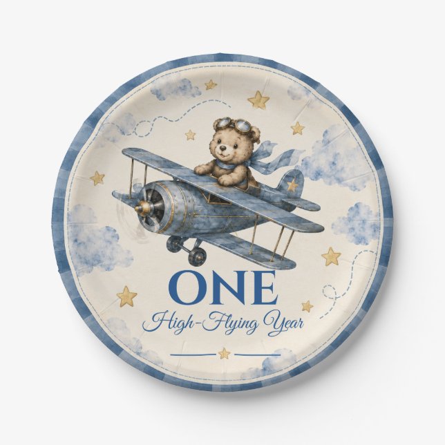 Personalised Aeroplane First Birthday Paper Plate  (Front)