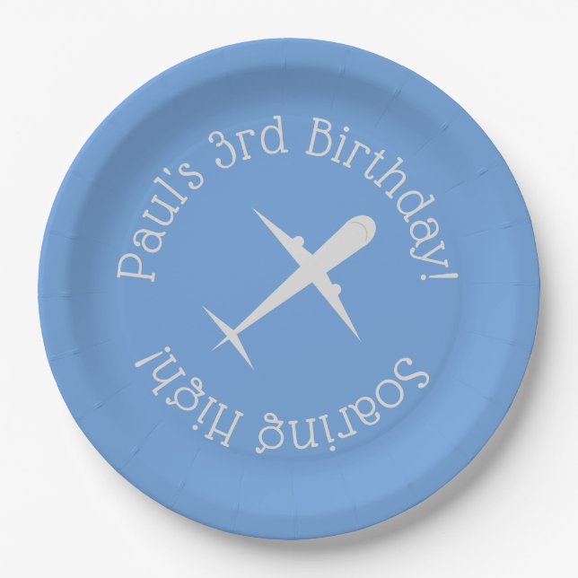 Personalised Aeroplane on Blue, Soaring High Paper Plate (Front)